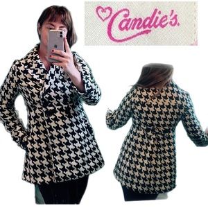 Vintage 80s 90s CANDIE'S Houndstooth Pea Coat Empire Waist Back Bow Fits Small